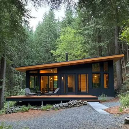 Vivienda de madera de una planta rodeada de árboles