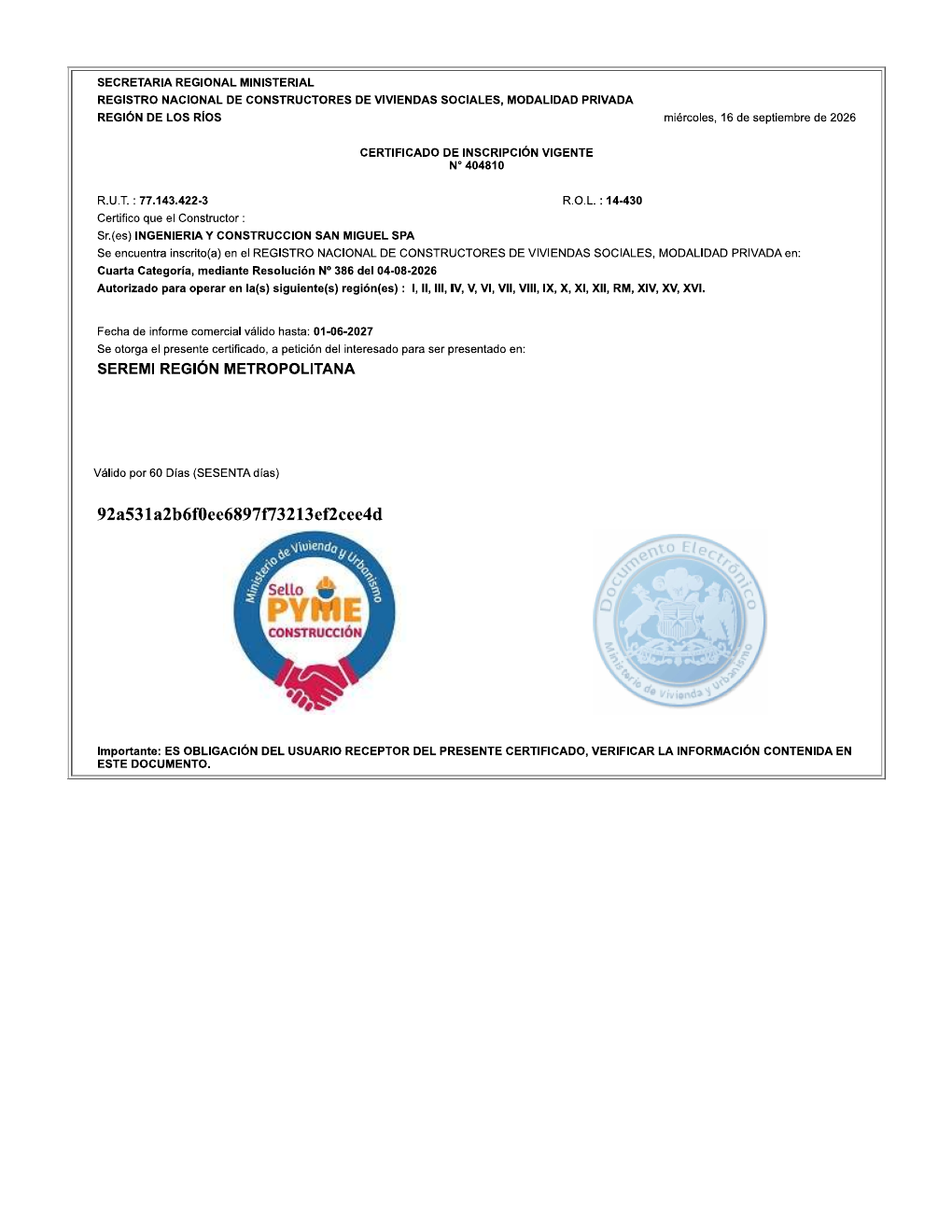 Vista del certificado MINVU emitido para Ingeniería y Construcción San Miguel SpA.